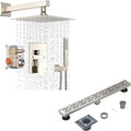Rain Shower Faucet with 24 Inch Shower Drain, EMBATHER 10 Inch Overhead Rainhead Shower Combo Set With Handheld Linear Shower Drain 24 Inch Floor Drain with Removable Quadrato Pattern Grate