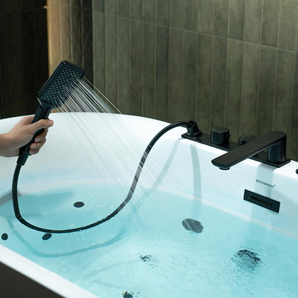 WOODBRIDGE 59' x 31-1/2' Whirlpool and Air Bath Heated Soaking Combination Tub with Adjustable Speed Air Blower, Tub Filler, and LED control panel, Matte Black Finish Trim and Drain Kit, BM100+F0051MB