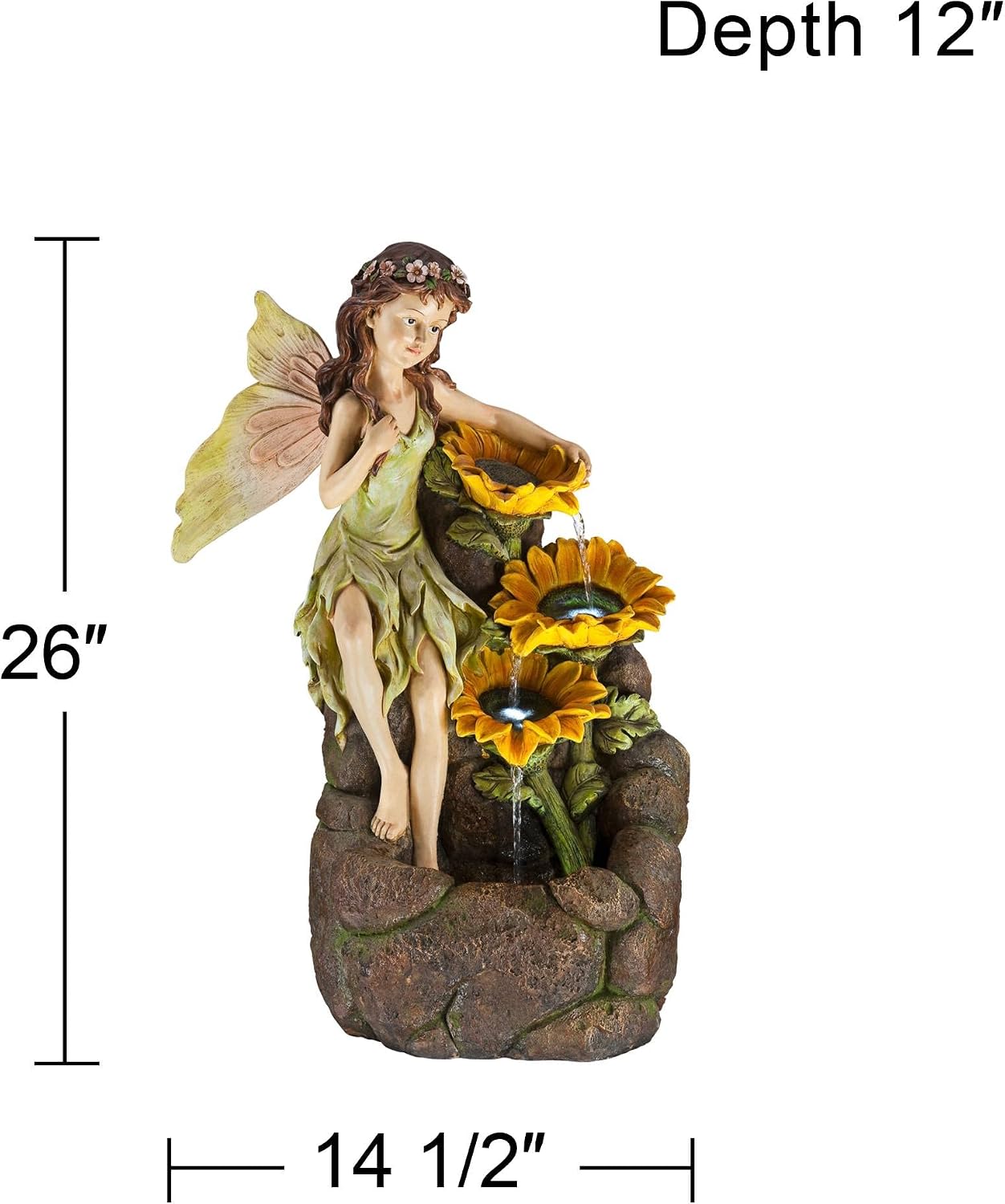 Garden Fairy with Sunflowers 26' High Large Modern Indoor Outdoor Cottage Core Decor Faux Stone Floor Fountain with Light LED Cascading Water Feature for Outside Patio Yard Backyard - John Timberland