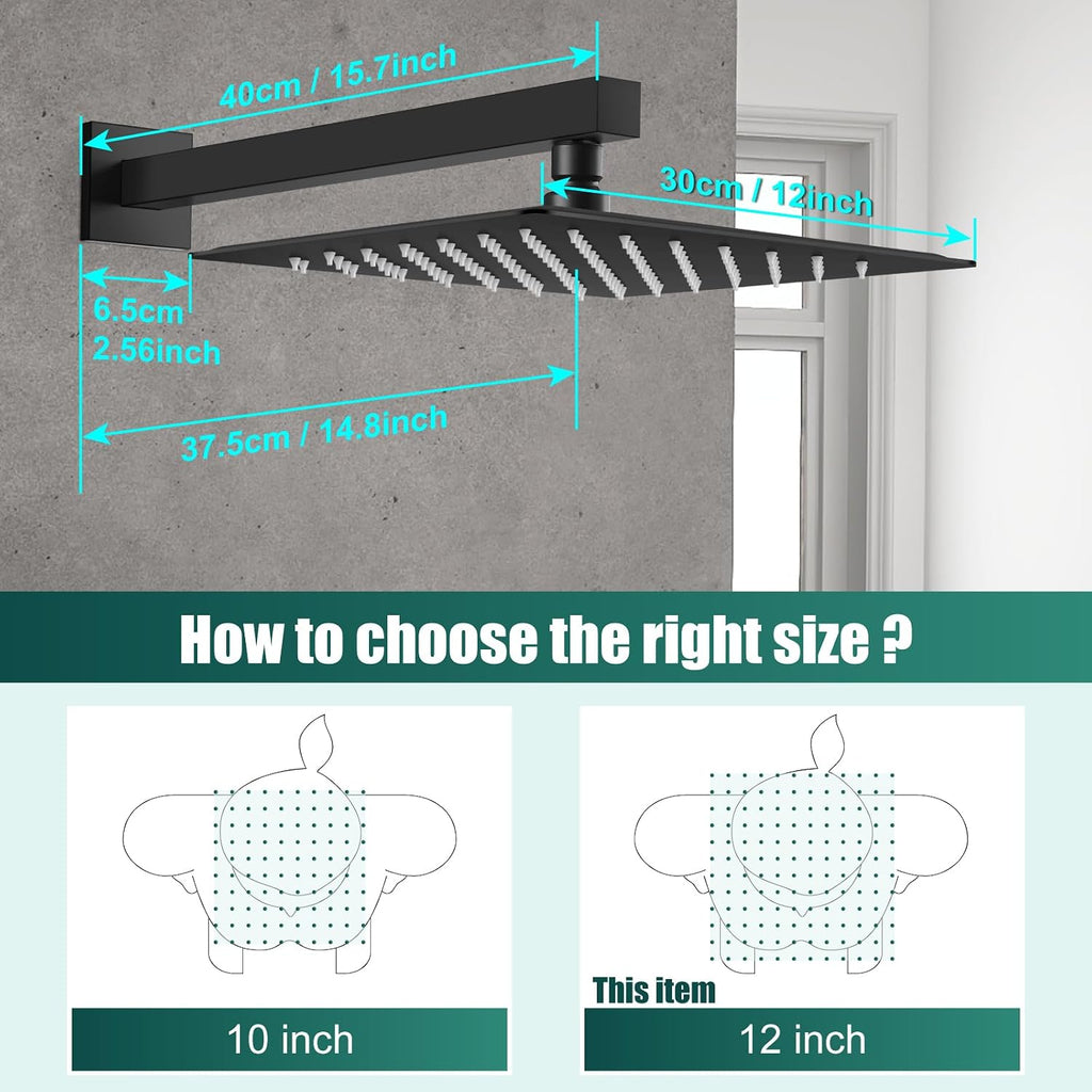 Heyalan Shower System Square Rain Shower System Head Shower Faucet Fixture 2 in 1 Handheld Shower Sprayer Rough in Valve Wall Mount Bathroom Rainfall Combo Set High Pressure,12 Inch,Matte Black