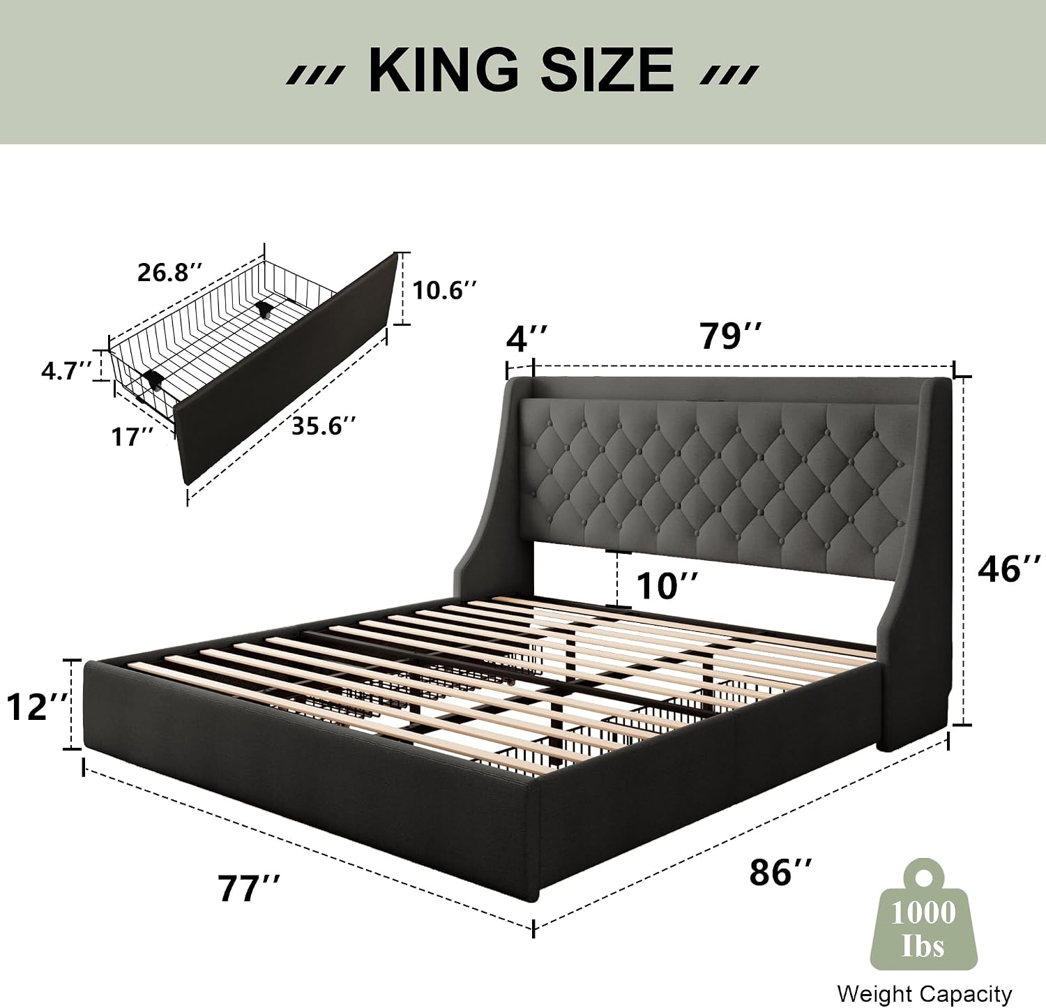 Feonase Upholstered King Size Bed Frame with 4 Storage Drawers, Large Wingback Headboard, No Box Spring Needed, Black