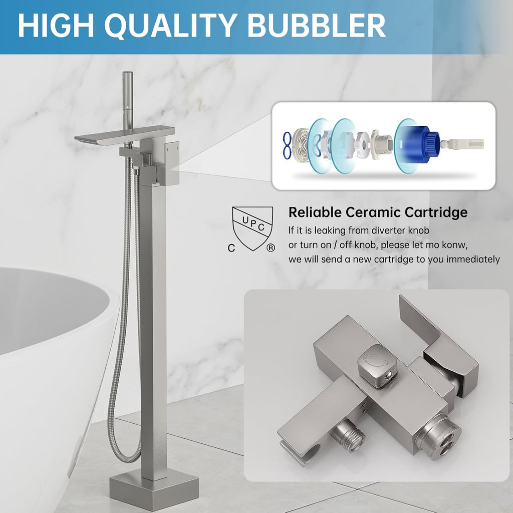 RUMOSE Brushed Nickel Bathtub Filler Freestanding Tub Filler Floor Mount Tub Faucet Waterfall Bathtub Faucet with CUPC Certified High Flow Brass Bath Shower Faucets with Handheld Sprayer