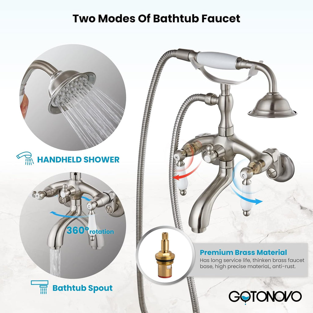 gotonovo Brushed Nickel Clawfoot Tub Faucet Wall Mount with Hand Held Shower Sprayer Bathtub Faucet Set Double Level Handle 6 Inch Center with Adapter Adjustable Swing Arms