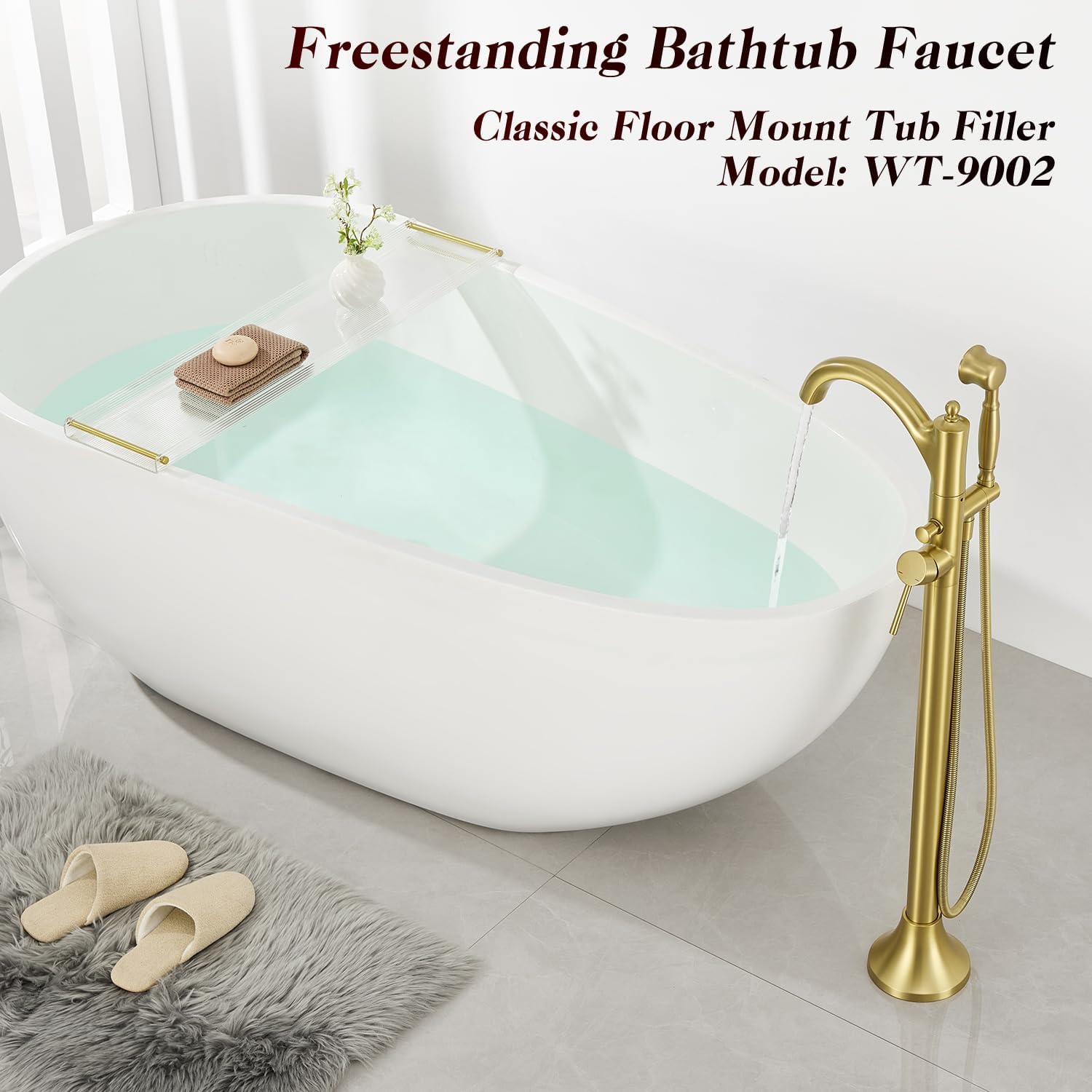 Free Standing Tub Faucet, High Flow Rate Brushed Light Gold Classic Freestanding Tub Faucets with Hand Shower Brass Floor Mount Tub Filler （WT-9002BGZZ）