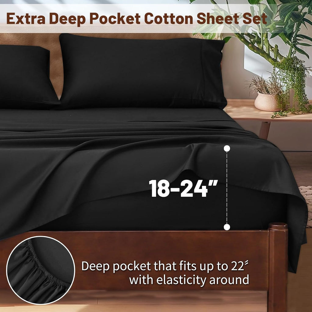 Extra Deep Pocket California King Sheets 18-24 Inch 100% Egyptian Cotton 1000 Thread Count Sateen Weave Soft Breathable 4 Pieces（Cal King,Black）