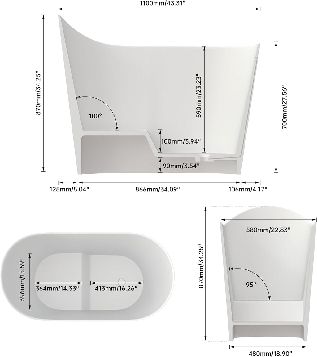 43' Stone Resin Janpanese Soaking Tub, Freestanding Deep Soaking Bathtub with Seat Desgin,Toe-tap Chrome Right Drain, Slotted Overflow, cUPC Certified, Matte White AMG026-1100