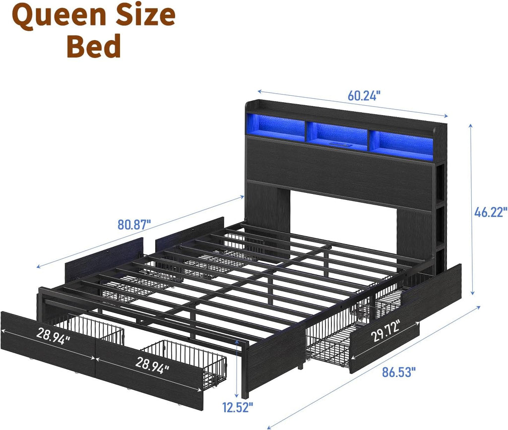 Queen Size Bed Frame with 6 Storage Drawers & Bookcase Headboard, Platform Bed with LED Light and Charging Station, Noise-Free, Easy Assembly, No Box Spring Needed, Black