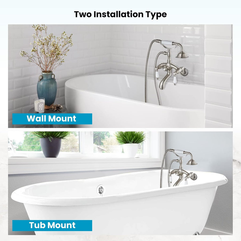 gotonovo Brushed Nickel Clawfoot Tub Faucet Wall Mount with Hand Held Shower Sprayer Bathtub Faucet Set Double Level Handle 6 Inch Center with Adapter Adjustable Swing Arms