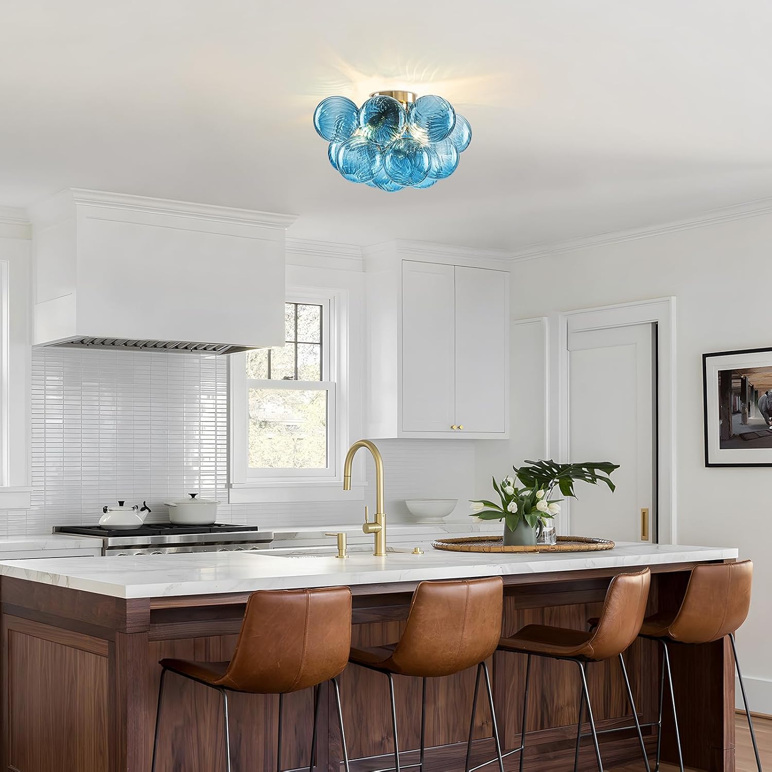 GoYeel Flush Mount Chandelier Gold, Kitchen Lights Ceiling Modern Glass Bubble Light Chandeliers 18.5' with 13 Swirled Blue Globe for Dining Room Bathroom Entryway Bedroom