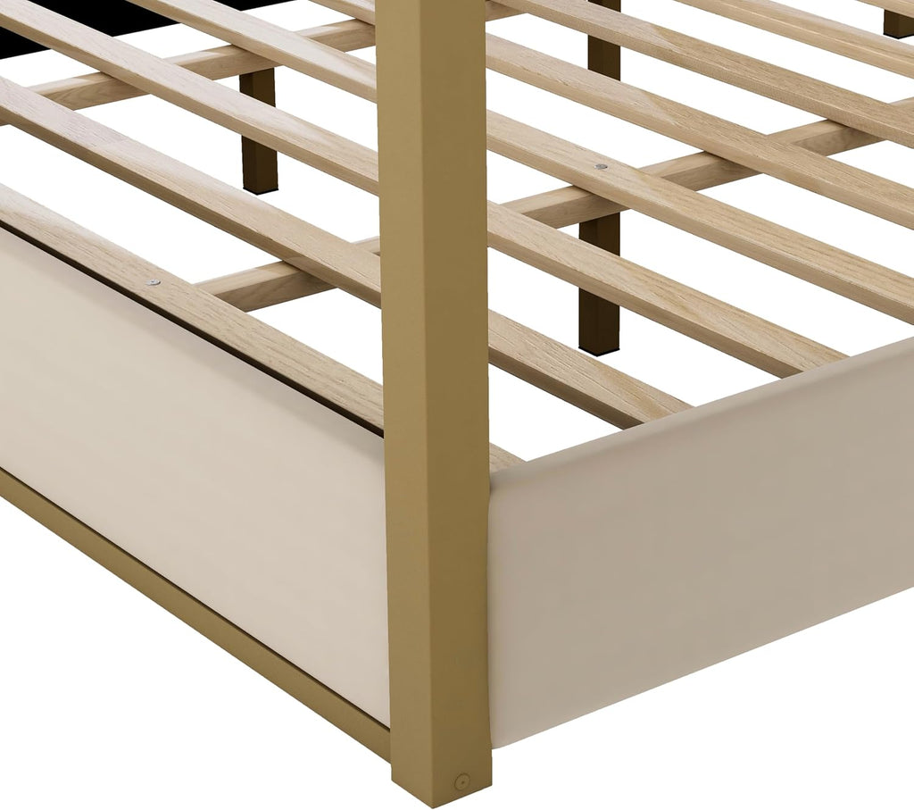 LUMISOL King Size Metal Canopy Bed Frame, 4 Poster Bed with Tall Upholstered Headboard, Velvet Upholstered Canopy Platform Bed, No Box Spring Needed, Beige + Gold
