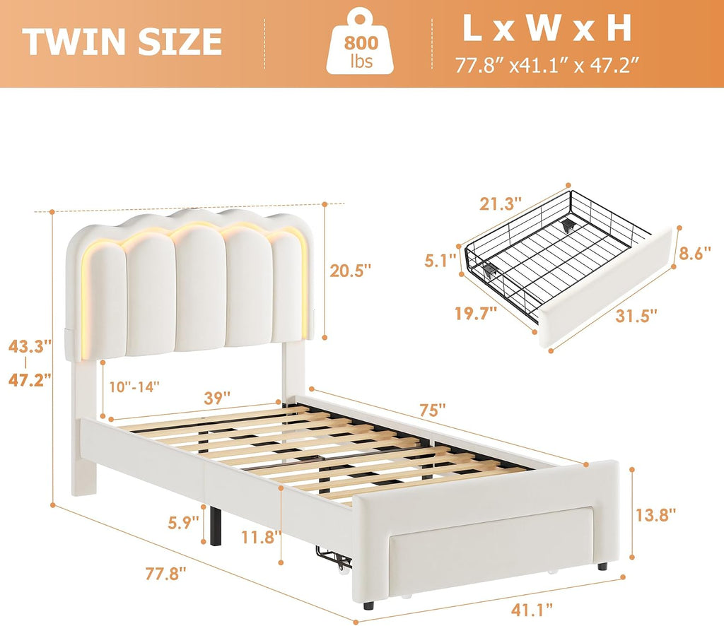 Twin Upholstered LED Bed Frame with Storage Drawer and Adjustable Chic Double Wavy Headboard, Velvet Princess Platform Bed for Kids/Girls, Solid Wood Slats Support, No Box Spring Needed, Beige