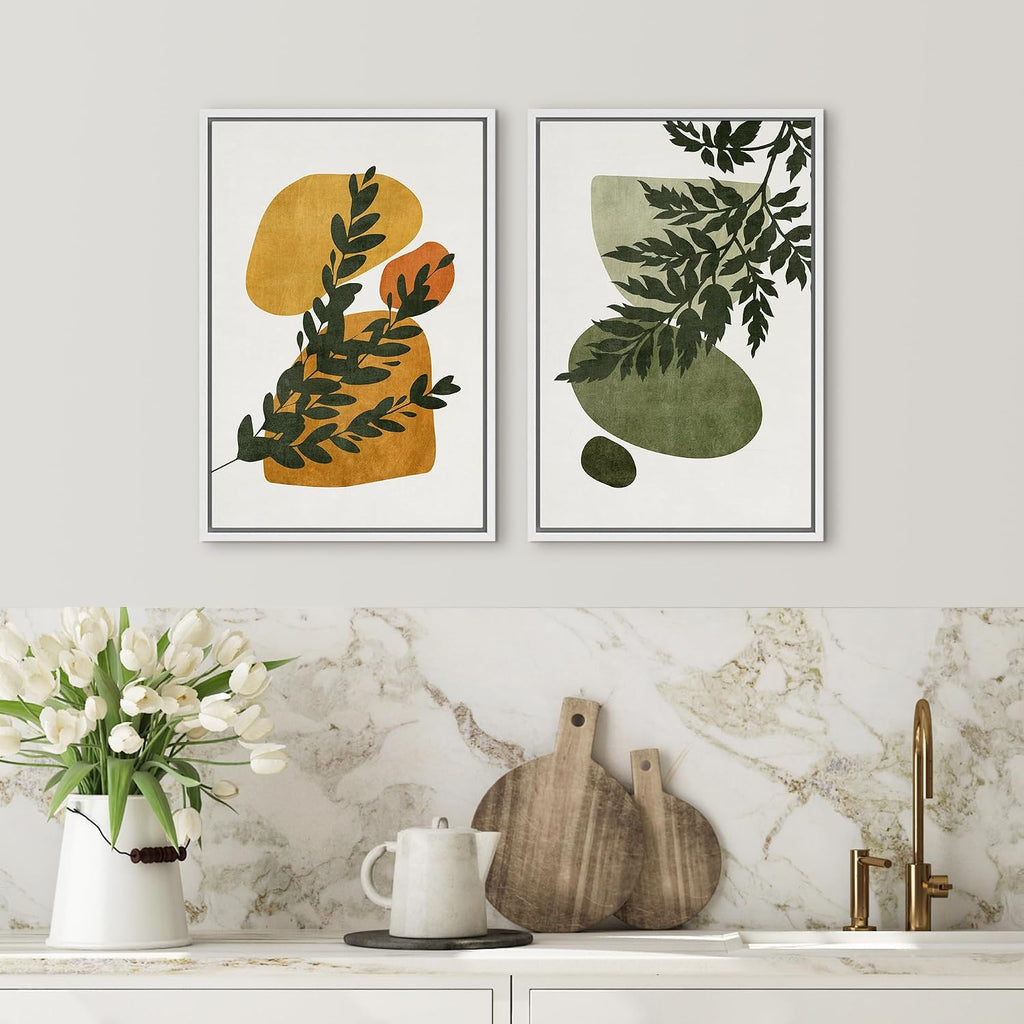 SIGNFORD Framed Canvas Print Wall Art Set Mid-Century Forest Fern Leaf Collage Abstract Shapes Illustration Modern Art Decorative Nordic Nature for Living Room, Bedroom, Office - 24'x36'x2 White