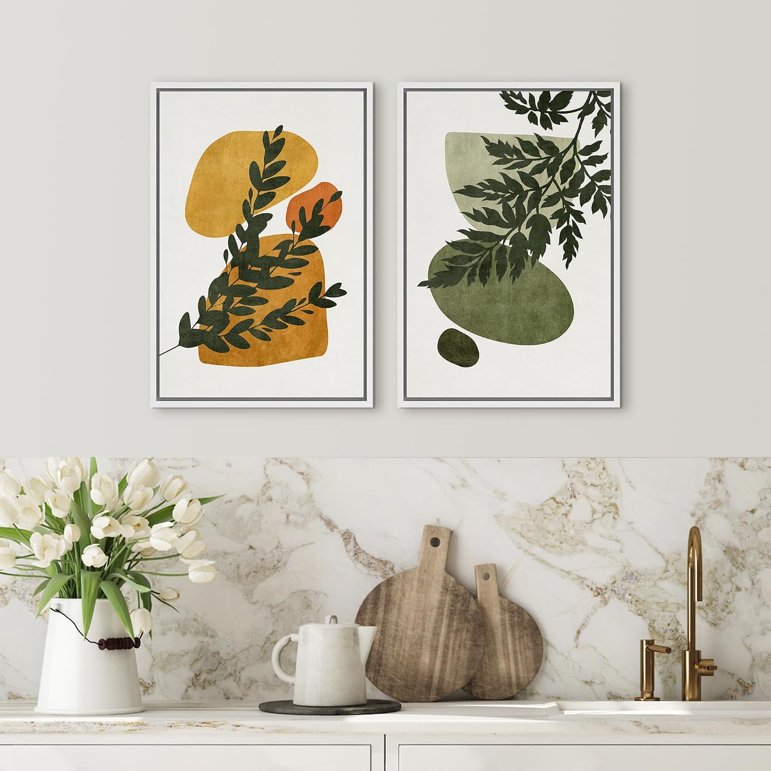 SIGNFORD Framed Canvas Print Wall Art Set Mid-Century Forest Fern Leaf Collage Abstract Shapes Illustration Modern Art Decorative Nordic Nature for Living Room, Bedroom, Office - 24'x36'x2 White