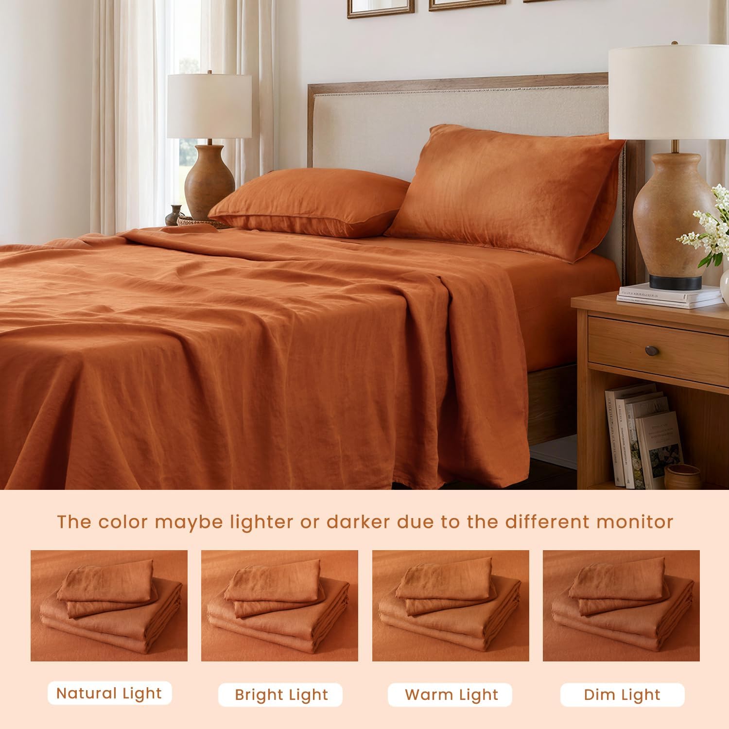 S VICTORY SYMBOL 100% Organic Linen Sheets Set Queen Size,Natural French Flax from Normandy Bedding Set with Stone Washed 4 Pieces,Ultra Soft Breathable(Caramel)