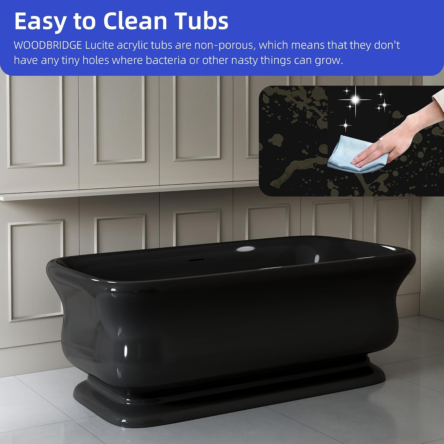 WOODBRIDGE 71 X 33.5 X 24.75' freestanding soaking bathtub with matte black drain included, Black WE006