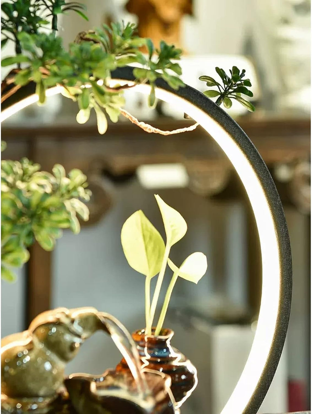 HIHELO Tabletop Fountain Indoor Relax Tabletop Fountain Waterfall Ceramic Tabletop Fountain with Black Metal Base and LED Lights Indoor Zen Tabletop Water Feature Indoor Fountain