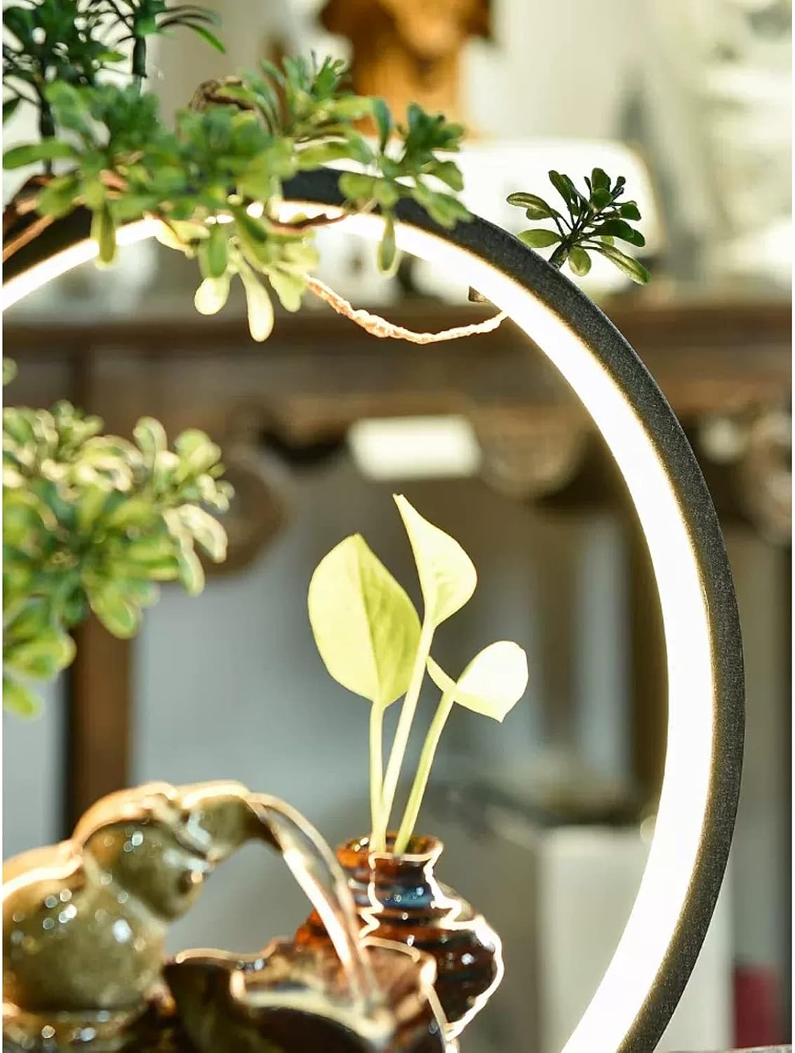 HIHELO Tabletop Fountain Indoor Relax Tabletop Fountain Waterfall Ceramic Tabletop Fountain with Black Metal Base and LED Lights Indoor Zen Tabletop Water Feature Indoor Fountain