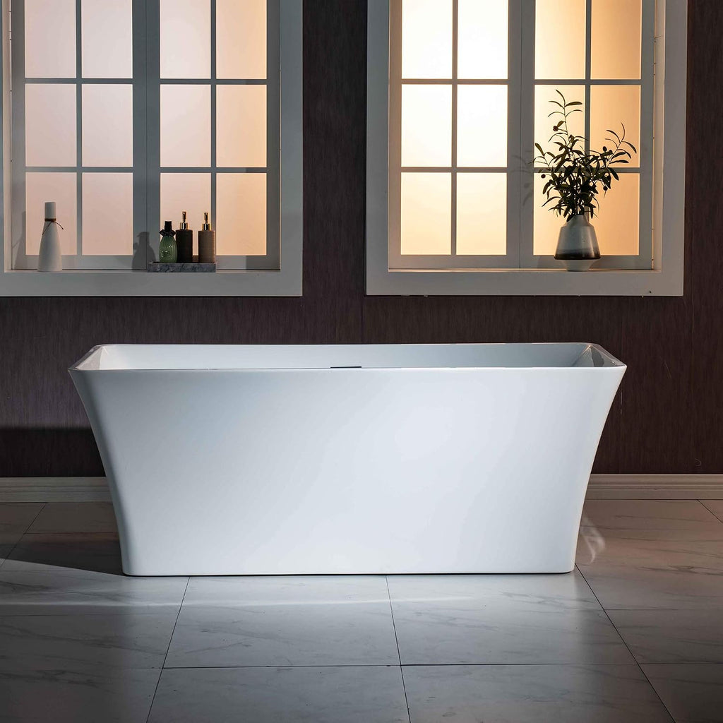 WOODBRIDGE 59' Freestanding White Acylic Soaking Bathtub with Drain Kit and Floor Mount Tub Filler, BTA1509-B/N-Drain &O +F0001BNSQ, With Brushed Nickel Drian