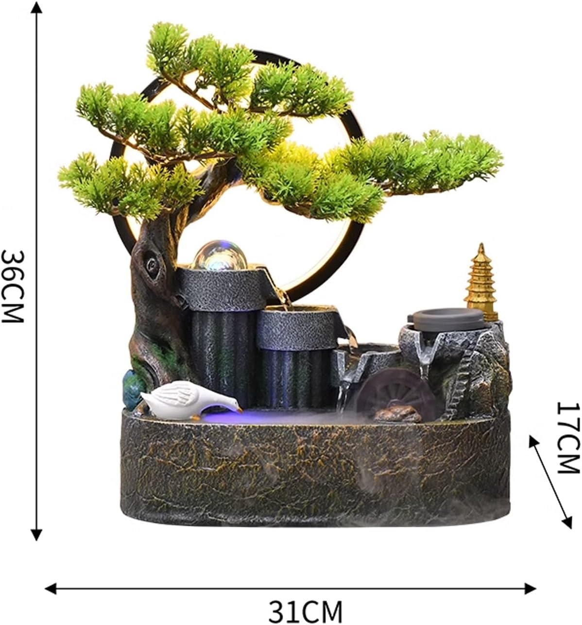 Tabletop Fountain Rockery, Flowing Water Bonsai Circular Fountain Decoration Indoor Porch Living Room Tabletop Decoration Green Plant Tabletop Landscape Tabletop Water Fountain (Size : Small)