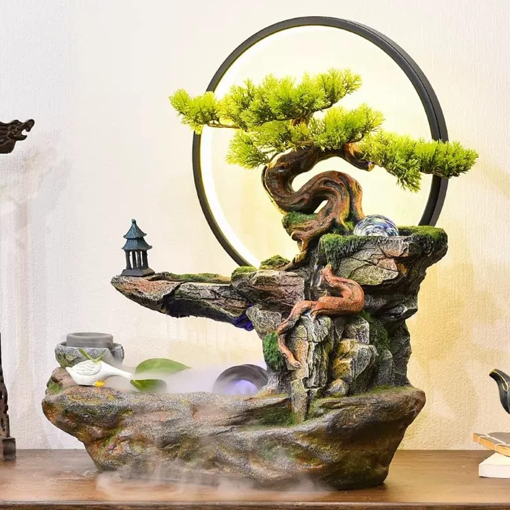 Waterfall Tabletop Fountain Indoor Waterfall Fountain Decoration Tabletop Fountain with LED Light Artificial Bonsai Tree Indoor Fountain (Color : Without Nebulizer)