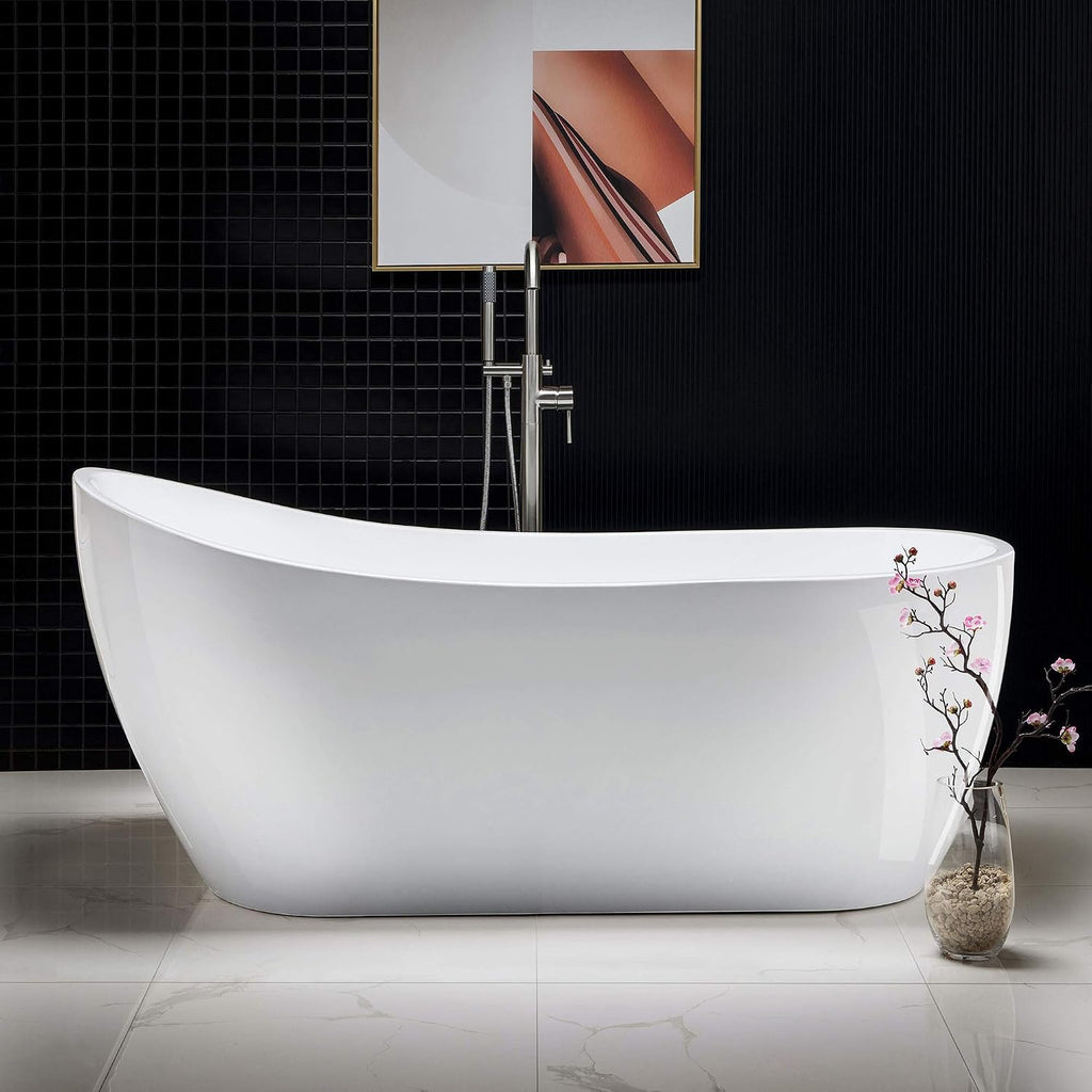 WOODBRIDGE 67' Acrylic Freestanding Bathtub Contemporary Soaking Tub, White Acrylic (Brushed Nickel Drain/Overflow),B-0001 -B/N-Drain &O