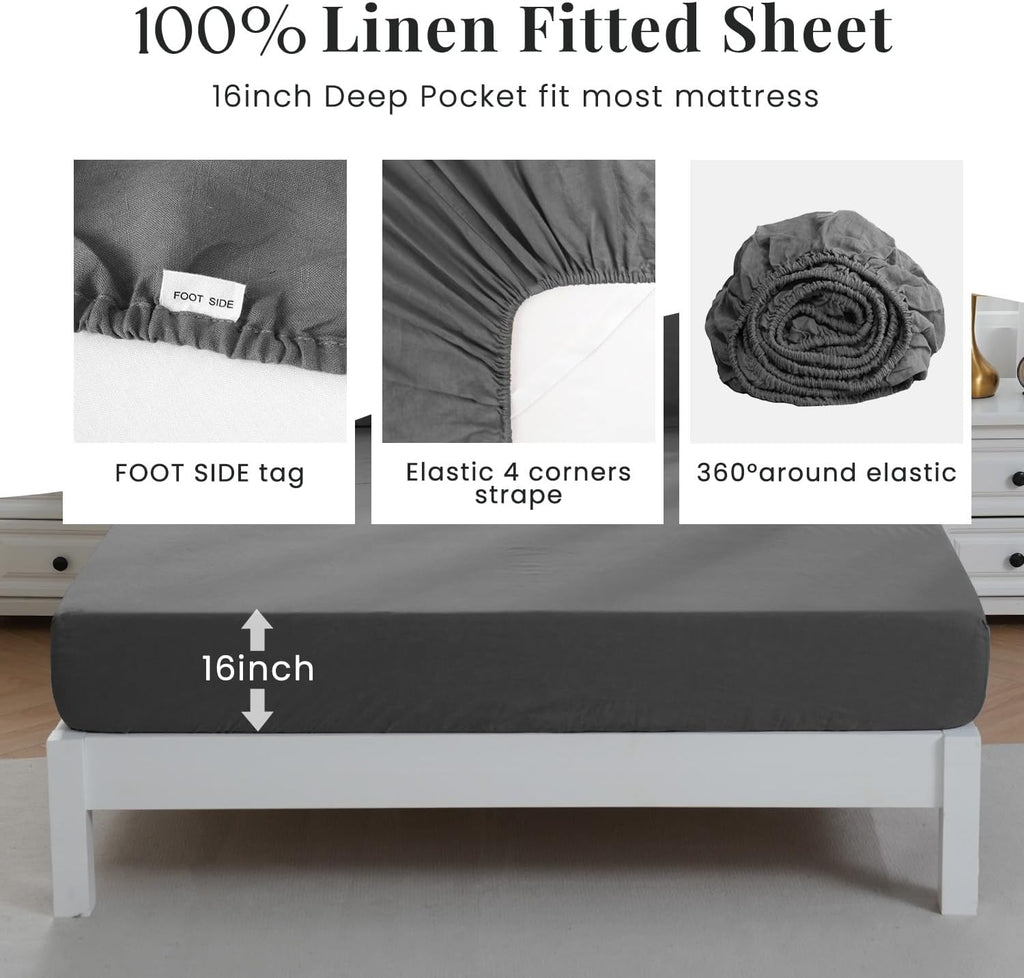 S VICTORY SYMBOL 100% Organic Linen Sheets Set Queen 4Pcs,Stone Washed French Flax Linen Bed Sheets(1 Flat Sheet,1 Fitted Sheet,2 Pillowcase) GOTS Certified,Farmhouse Bedding-Dark Grey
