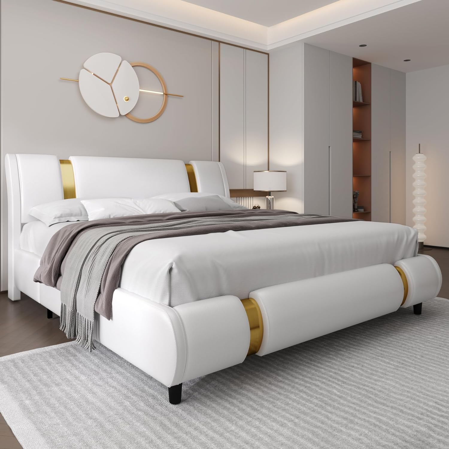 TTVIEW Modern Faux Leather Upholstered Platform Bed Frame with Golden Iron Metal Decor, Adjustable Curved Headboard, Wooden Slats Support, No Box Spring Needed, King Size, White