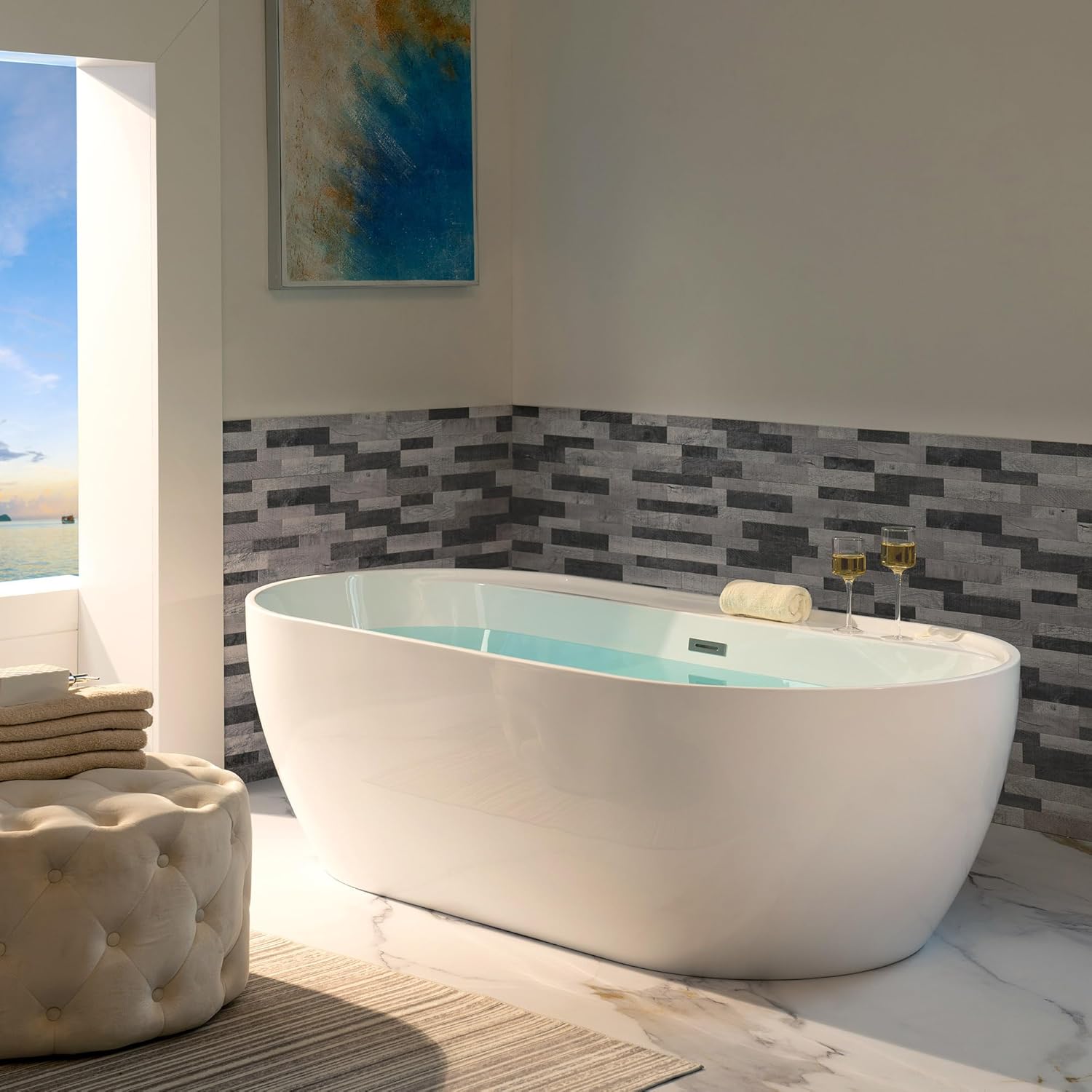 WOODBRIDGE 72' Acrylic Freestanding Bathtub Contemporary Soaking White Tub with Brushed Nickel Overflow and Drain,B0059BN