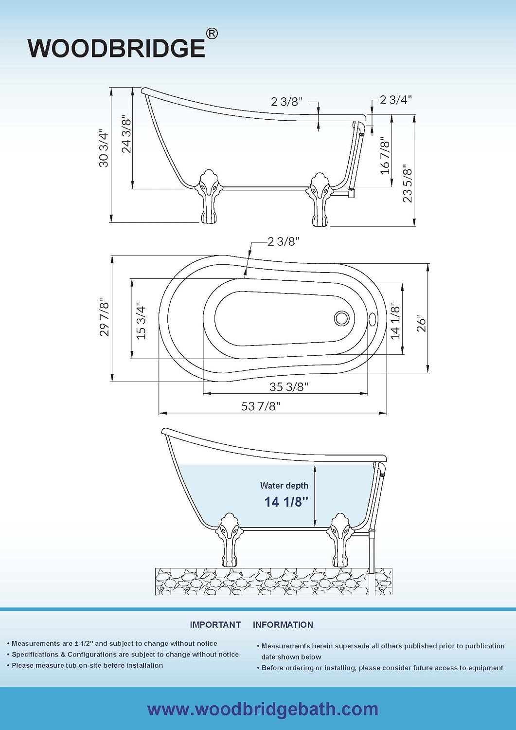 WOODBRIDGE 54' Heavy Duty Acrylic Slipper Clawfoot Bath Tub with Matte Black Feet & Matte Black Drain &Overflow