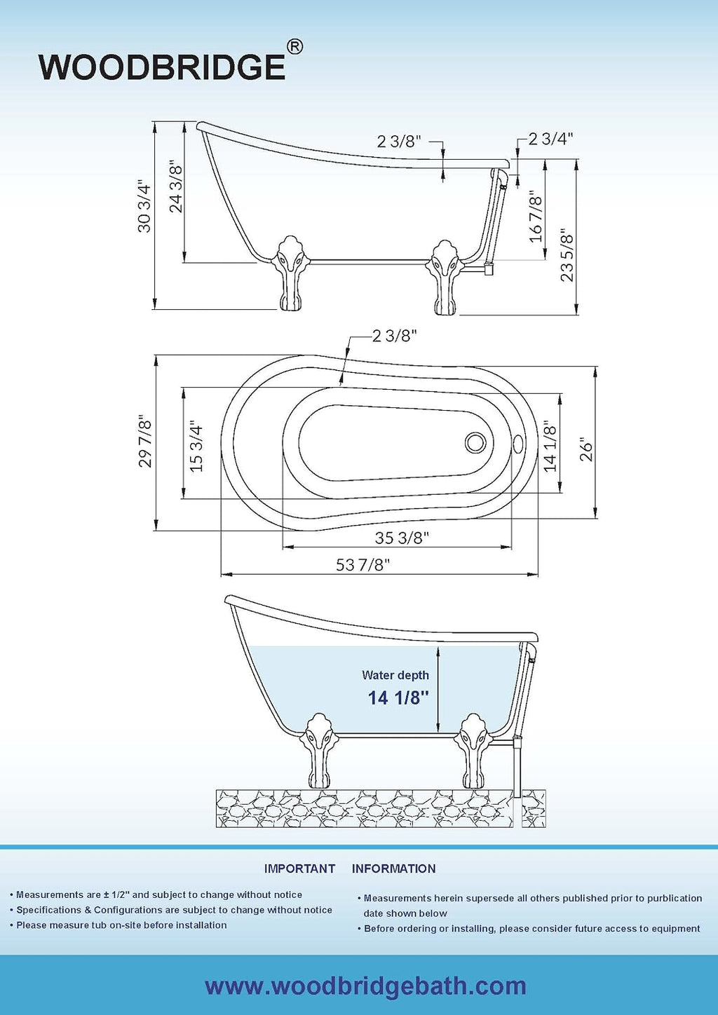 WOODBRIDGE 54' Heavy Duty Acrylic Slipper Clawfoot Bath Tub with Brushed Nickel Feet & Brushed Nickel Drain &Overflow