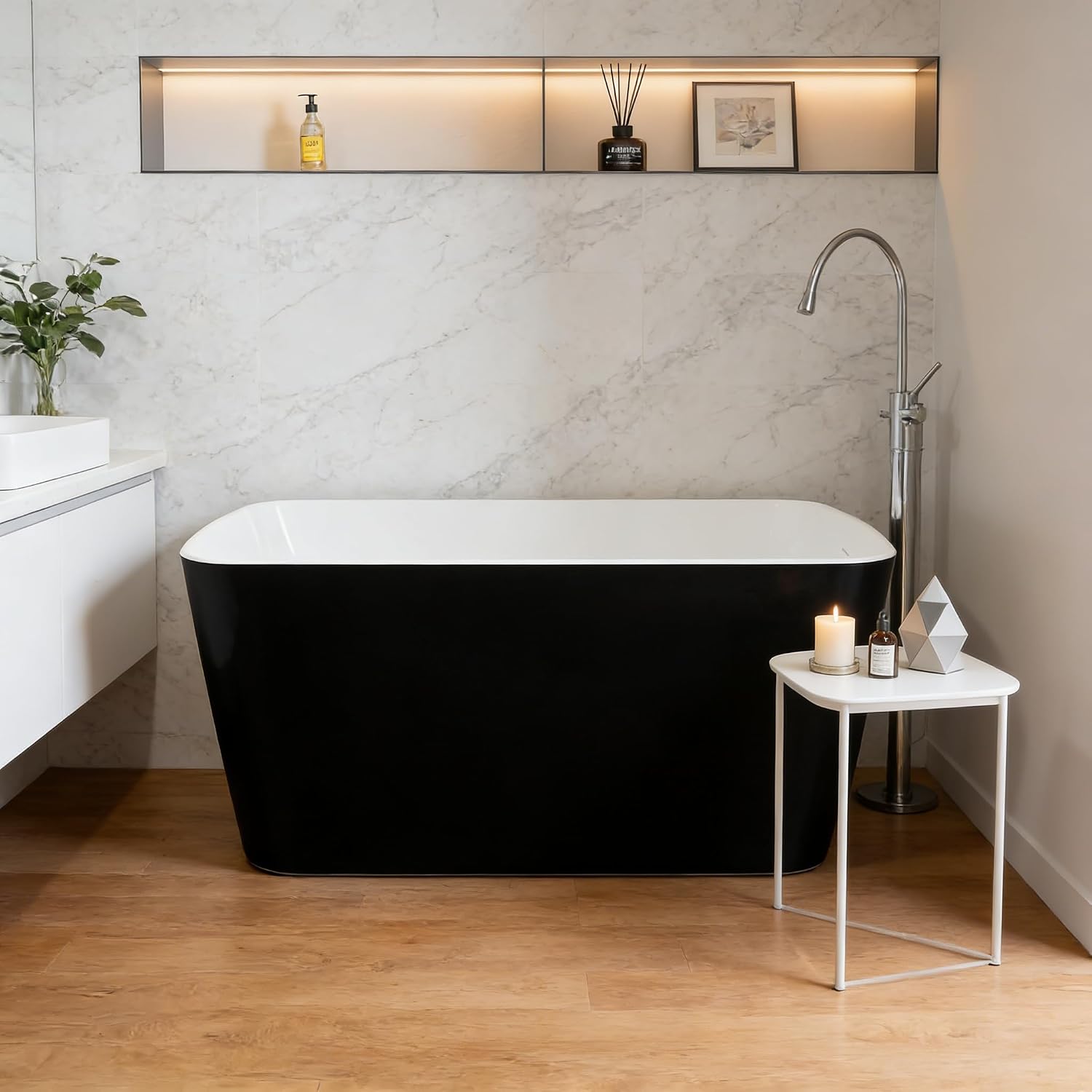 49 Inch Acrylic Freestanding Bathtub, Japanese Square Soaking Tub with Built-in Seat, Toe-Tap Drain, Slotted Overflow, cUPC Certified Black Standalone Tub for Modern Bathroom Upgrade