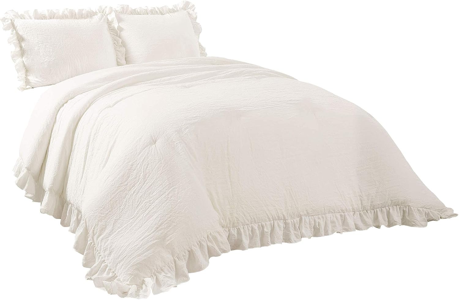 Lush Decor Reyna Ruffle Comforter Set - 3 Piece Cozy Ruffled Bedding Set - Timeless Elegance and Comfort for Bedroom - King, White
