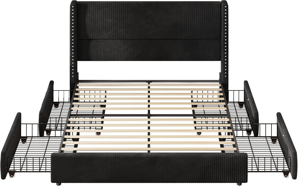LARMACE Black Queen Bed Frame with Headboard Upholstered Platform Bed Frame Queen Size with 4 Storage Drawers Corduroy Bed Frame with Vertical Stripe,Solid Wood Leg/No Box Spring Needed/Noise Free