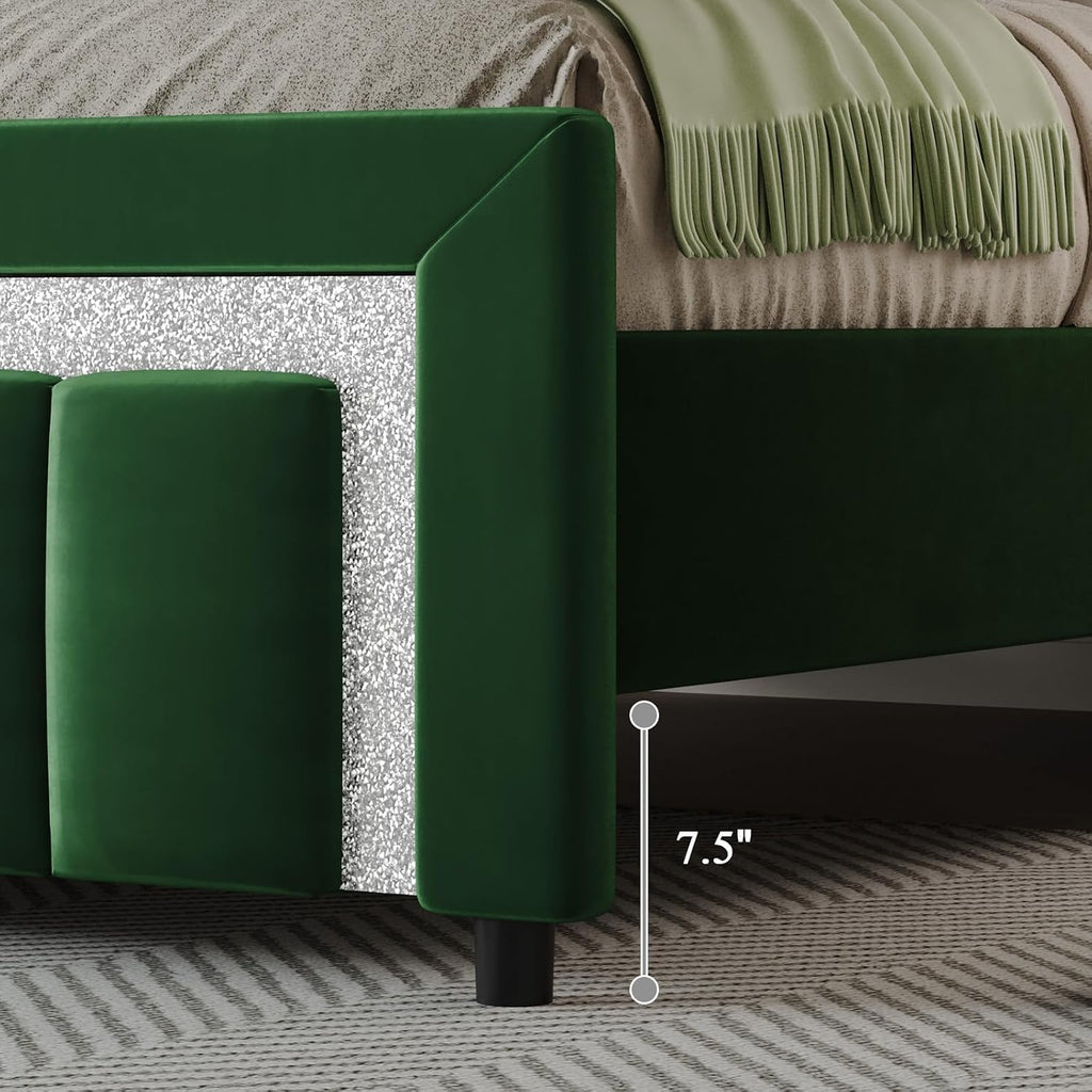 HOMBCK Bed Frame Queen Size with Upholstered Headboard and Footboard, Velvet Queen Bed Frames with Diamond Design, No Box Spring Required, Easy Assembly, Green