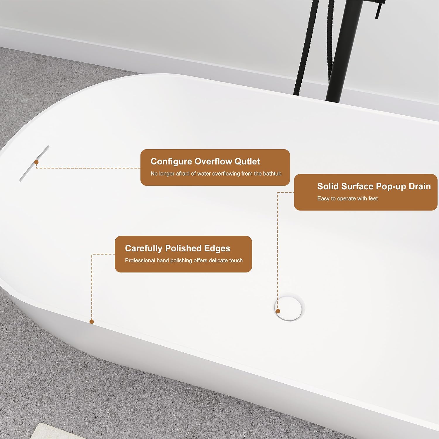 SJ STAR&JANE 51' Solid Surface Freestanding Bathtub, Matte White Oval Soaking Stone Resin Tub with Overflow and Pop-up Drain for Modern Bathrooms