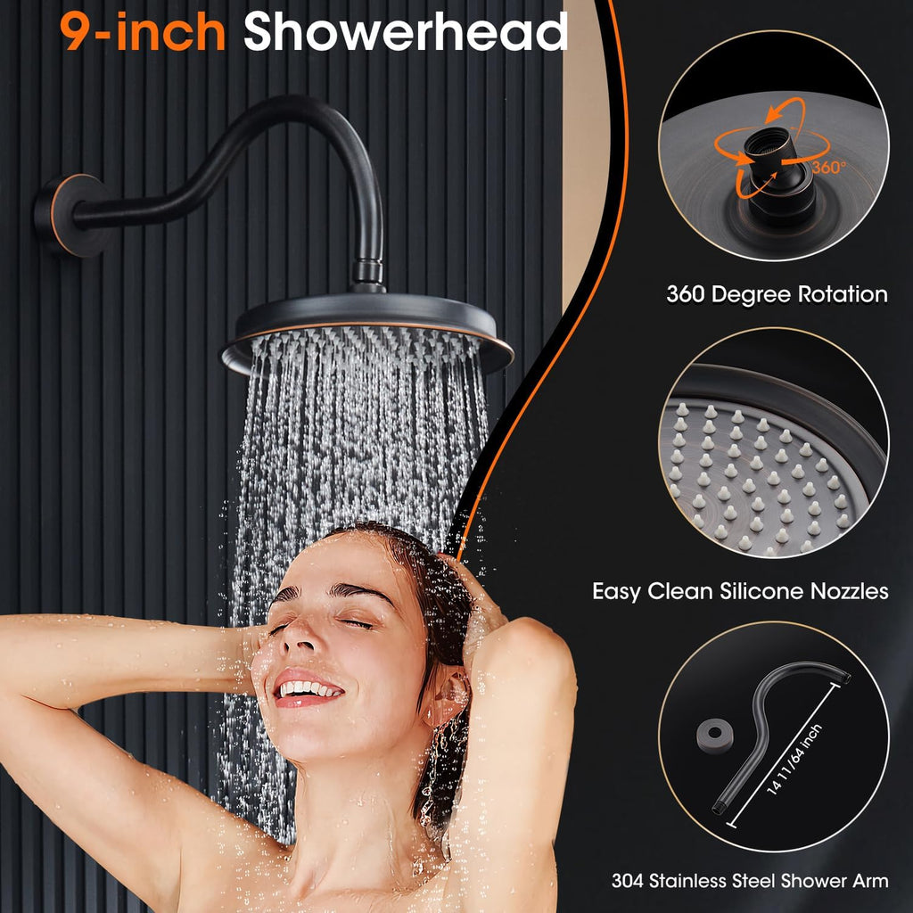 Rainfall Shower System 9 inch Antique Bathroom Luxury Rain Mixer Shower Combo Set with Vintage Handheld Shower Wall Mounted Shower Faucet Set Rough-in Valve and Trim Included Oil Rubbed Bronze