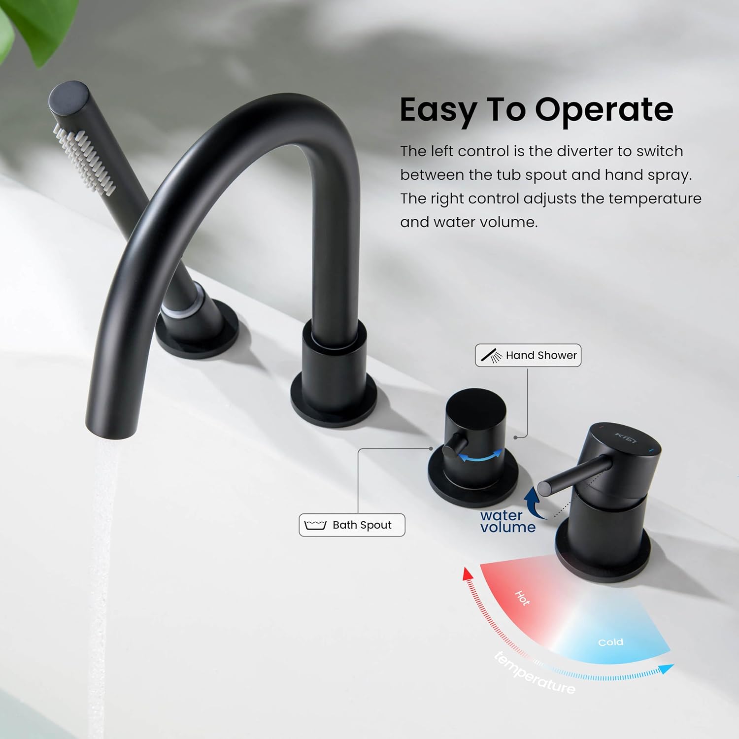 KIBI Circular Single Handle Roman Tub Faucet with Hand Shower | Deck Mounted Bathtub Faucet Set with Diverter | Durable Solid Brass Construction, Smooth Water Flow Control | Matte Black, KTF3101