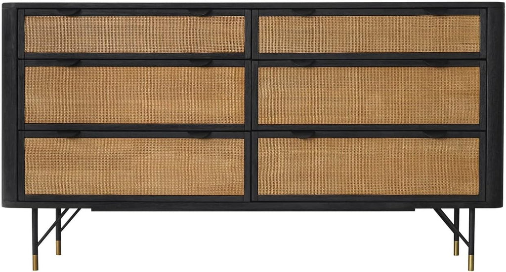 Armen Living Saratoga 4 Piece Queen Bedroom Set in Black Acacia Wood and Rattan