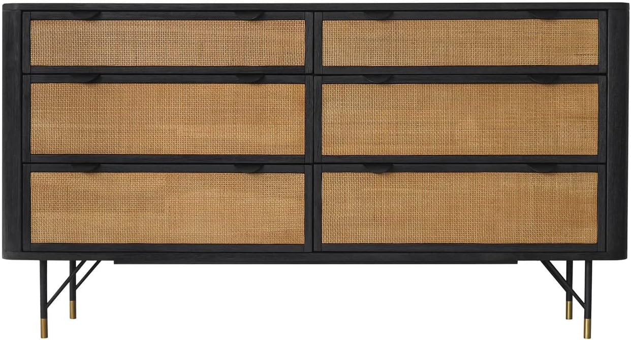 Armen Living Saratoga 4 Piece Queen Bedroom Set in Black Acacia Wood and Rattan