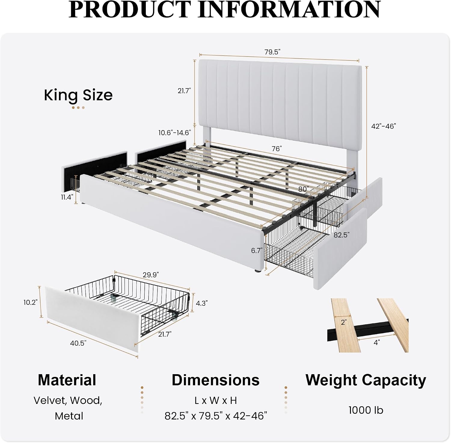 SHA CERLIN King Size Platform Bed Frame with 4 Storage Drawers, Vertical Channel Tufted Adjustable Headboard, Velvet Upholstered, Wooden Slats Support, No Box Spring Needed, Easy Assembly, White