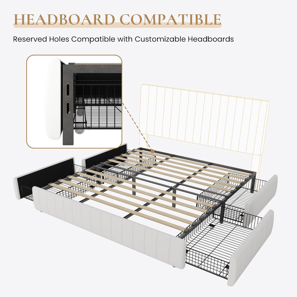 SHA CERLIN King Size Velvet Upholstered Platform Bed Frame with 4 Storage Drawers, Vertical Channel Tufted, Low Profile, Fits Standard Headboards, Wooden Slats Support, Easy Assembly, White