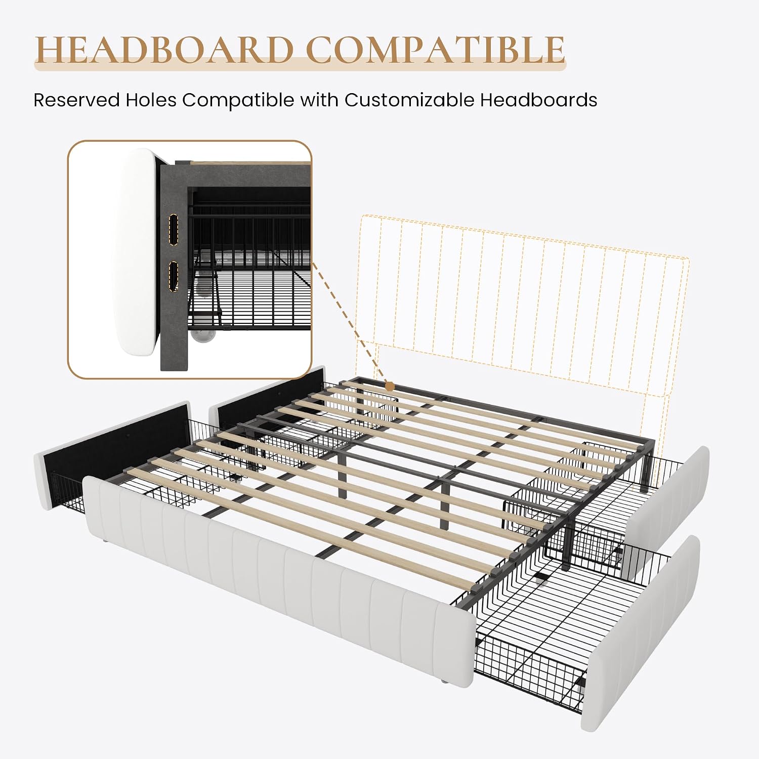 SHA CERLIN King Size Velvet Upholstered Platform Bed Frame with 4 Storage Drawers, Vertical Channel Tufted, Low Profile, Fits Standard Headboards, Wooden Slats Support, Easy Assembly, White