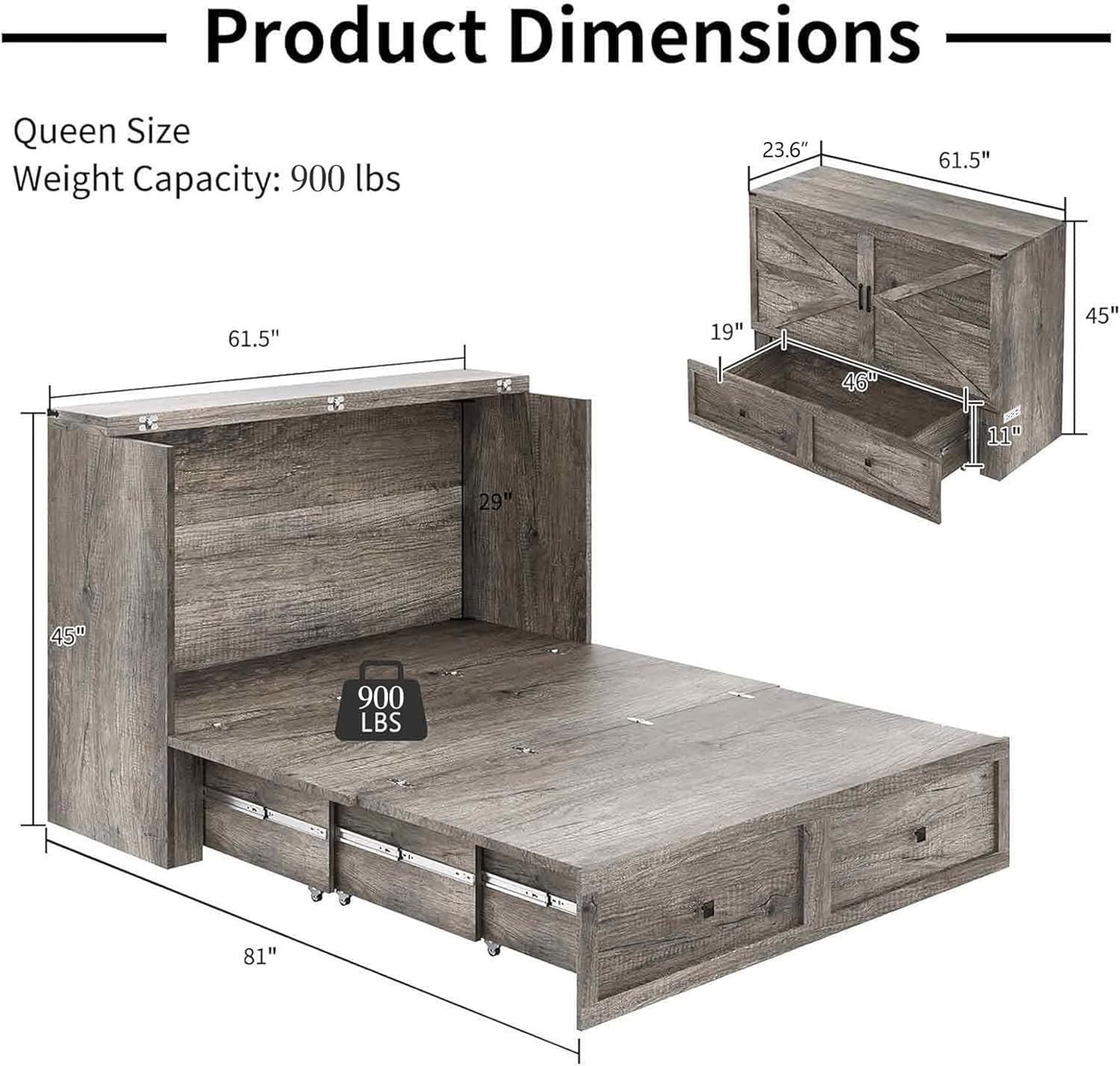 LUXOAK Murphy Bed Queen Size Cabinet Bed with Charging Station, Large Storage Drawer for Home Office or Small Room, Hideaway Bed Foldable Platform Bed, Rustic Grey