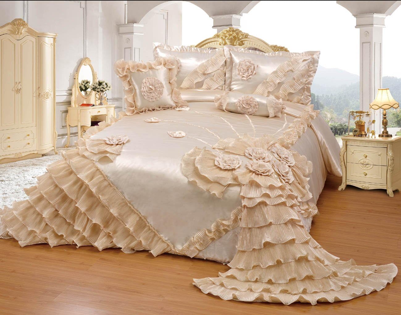 OctoRose Royalty Oversized Cream Wedding Bedding Bedspread | Cute Bed Set for Twin Size (76 x 96) | Aesthetic, Romantic and Fluffy | 5-Piece Set with 2 Pillow Sham, 1 Square Pillow, and 1 Neck Rol