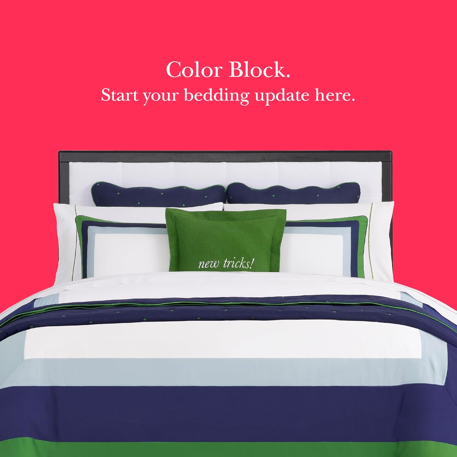 kate spade new york Color Block Full/Queen Comforter Set, 300 Thread Count and 100% Cotton Cover, All Season 3 Piece Reversible Bedding Set, Machine Washable, Navy, Green and White
