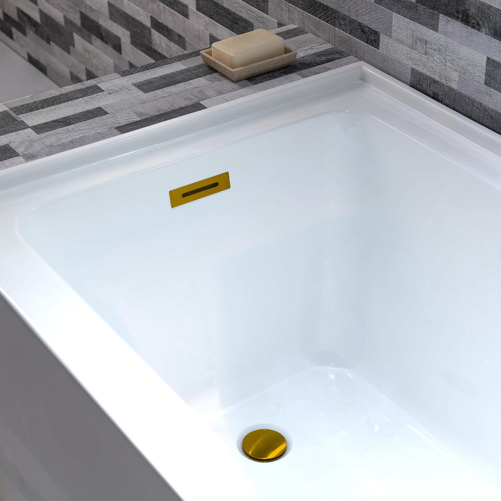 WOODBRIDGE 54' Acrylic Rectangular Alcove Soaking Bathtub in White with Left Drain, Brushed Gold pop-UP Drain Included BA5430L