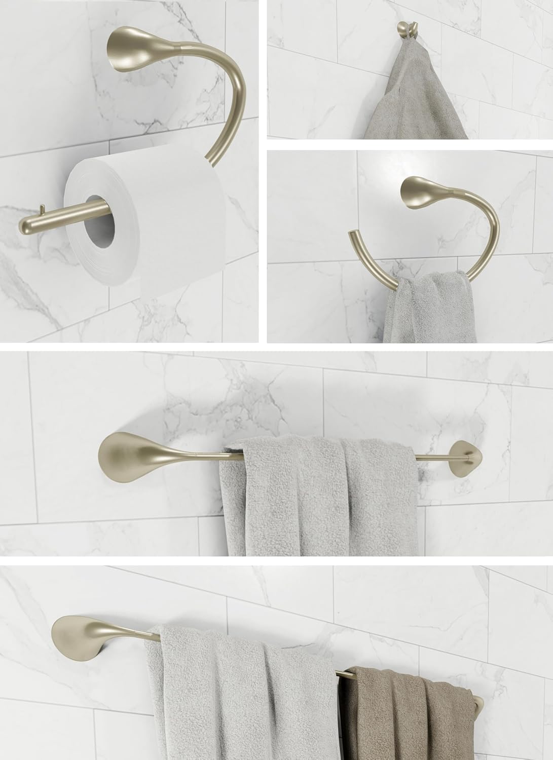 Hollywood Bathroom Accessory Complete Set (Brushed Nickel), Robe Hook, Toilet Paper Holder, Towel Ring, Towel Bar (18 and 24 Inch) Wall Mount Hanger for Kitchen Accessories