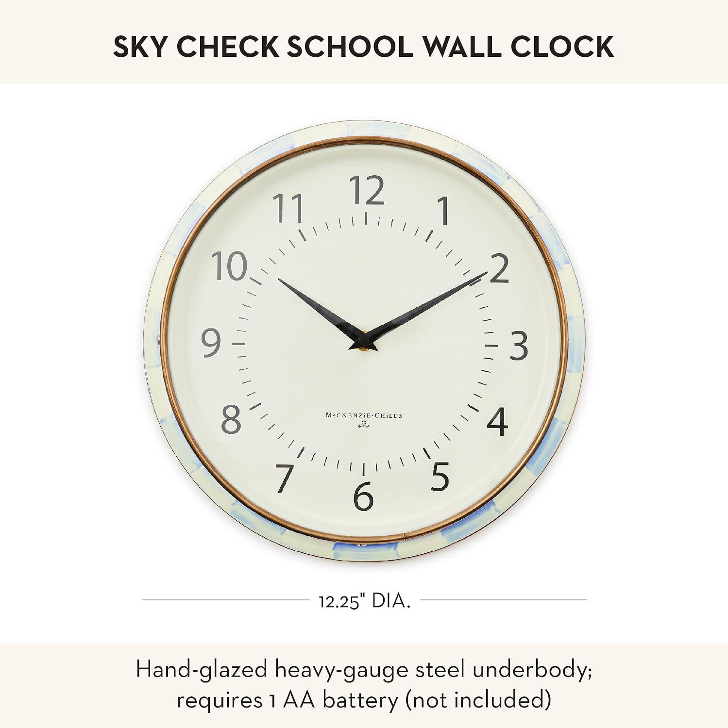 MACKENZIE-CHILDS School Wall Clock, Decorative Enamel Clock for Kitchen and Living Room, Light-Blue-and-White Sky Check
