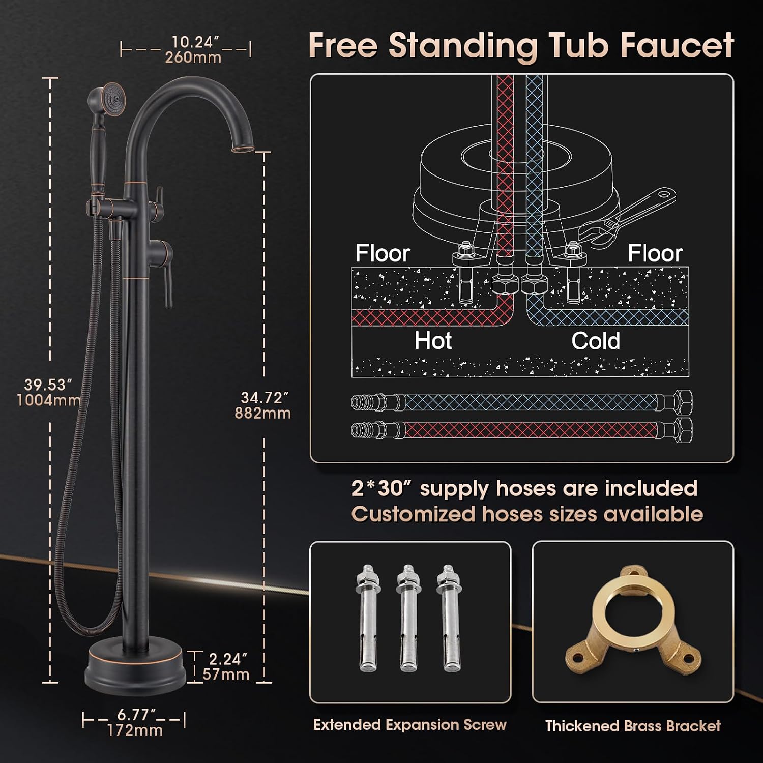 Freestanding Tub Faucets Bathroom Floor Mounted Waterfall Tub Filler Brass High Flow Swivel Spout&Hand Shower Oil Rubbed Bronze