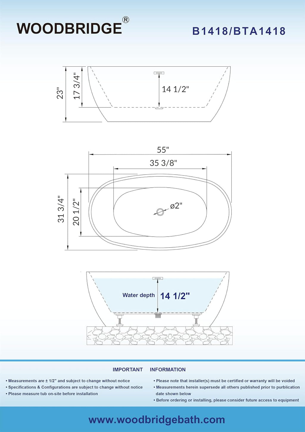 WOODBRIDGE 55' Acrylic Freestanding Bathtub Contemporary Soaking White Tub with Brushed Gold Overflow and Drain,B1418-BG